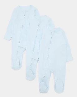 Outlet Dunnes Stores Cotton Blue Two-Way-Zip Sleepsuit - Pack Of 3 (Newborn-12 Months)