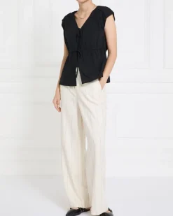 Online Dunnes Stores Gallery Freida Shirred Bow Tie Front Black Blouse
