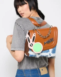 Outlet Dunnes Stores Joanne Hynes 'MINE' Faux-Feather Denim Satchel Bag With PU Rabbit Keyring