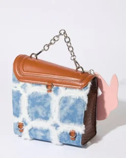 Outlet Dunnes Stores Joanne Hynes 'MINE' Faux-Feather Denim Satchel Bag With PU Rabbit Keyring