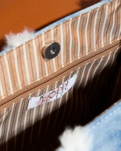Outlet Dunnes Stores Joanne Hynes 'MINE' Faux-Feather Denim Satchel Bag With PU Rabbit Keyring