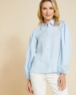 Online Dunnes Stores Paul Costelloe Living Studio Blue Puff Sleeve 100% Linen Shirt