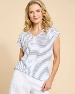Clearance Dunnes Stores Paul Costelloe Living Studio Navy Stripe Linen V-Neck Top