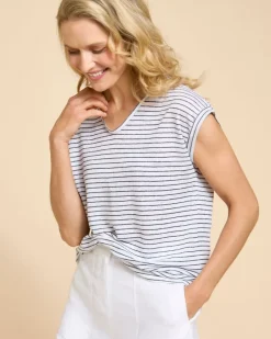 Clearance Dunnes Stores Paul Costelloe Living Studio Navy Stripe Linen V-Neck Top