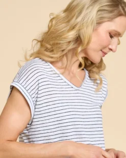 Clearance Dunnes Stores Paul Costelloe Living Studio Navy Stripe Linen V-Neck Top
