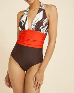 Online Dunnes Stores Paul Costelloe Living Studio Brown and Red Floral Swimsuit