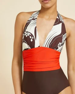 Online Dunnes Stores Paul Costelloe Living Studio Brown and Red Floral Swimsuit