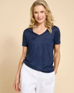 Online Dunnes Stores Paul Costelloe Living Studio Navy Linen V-Neck Top