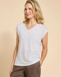 Discount Dunnes Stores Paul Costelloe Living Studio Khaki Stripe Linen V-Neck Top