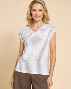 Discount Dunnes Stores Paul Costelloe Living Studio Khaki Stripe Linen V-Neck Top