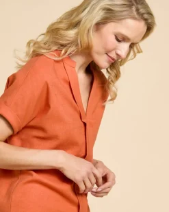 Fashion Dunnes Stores Paul Costelloe Living Studio Rust V-Neck Pleat Front Top