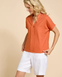 Fashion Dunnes Stores Paul Costelloe Living Studio Rust V-Neck Pleat Front Top