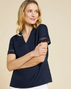 Fashion Dunnes Stores Paul Costelloe Living Studio Navy V-Neck Sleeve Detail 100% Linen Top