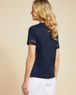 Fashion Dunnes Stores Paul Costelloe Living Studio Navy V-Neck Sleeve Detail 100% Linen Top