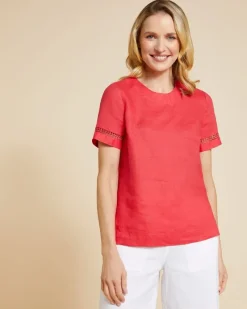 Discount Dunnes Stores Paul Costelloe Living Studio Red Sleeve Detail 100% Linen Shell Top