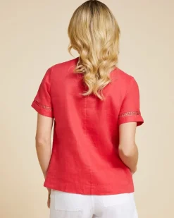 Discount Dunnes Stores Paul Costelloe Living Studio Red Sleeve Detail 100% Linen Shell Top