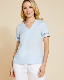 Outlet Dunnes Stores Paul Costelloe Living Studio Blue V-Neck Sleeve Detail 100% Linen Top
