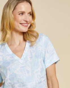 Outlet Dunnes Stores Paul Costelloe Living Studio Blue Print V-Neck 100% Linen Top