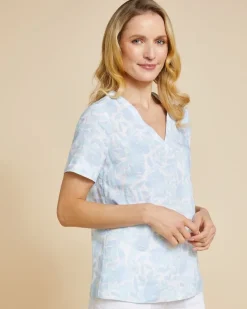 Outlet Dunnes Stores Paul Costelloe Living Studio Blue Print V-Neck 100% Linen Top