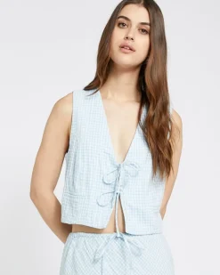 Online Dunnes Stores Savida Charli Gingham Bow Tie Front Waistcoat Top