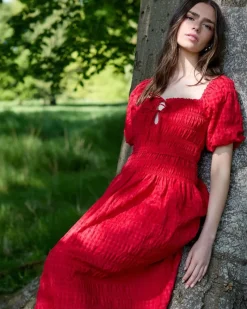 New Dunnes Stores Savida Red Shirred Waist Midi Dress