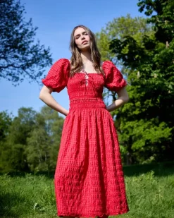 New Dunnes Stores Savida Red Shirred Waist Midi Dress
