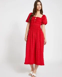 New Dunnes Stores Savida Red Shirred Waist Midi Dress