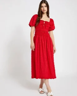 New Dunnes Stores Savida Red Shirred Waist Midi Dress