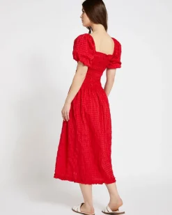 New Dunnes Stores Savida Red Shirred Waist Midi Dress