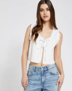 Best Dunnes Stores Savida White Cotton Bow Tie Front Poplin Waistcoat Top